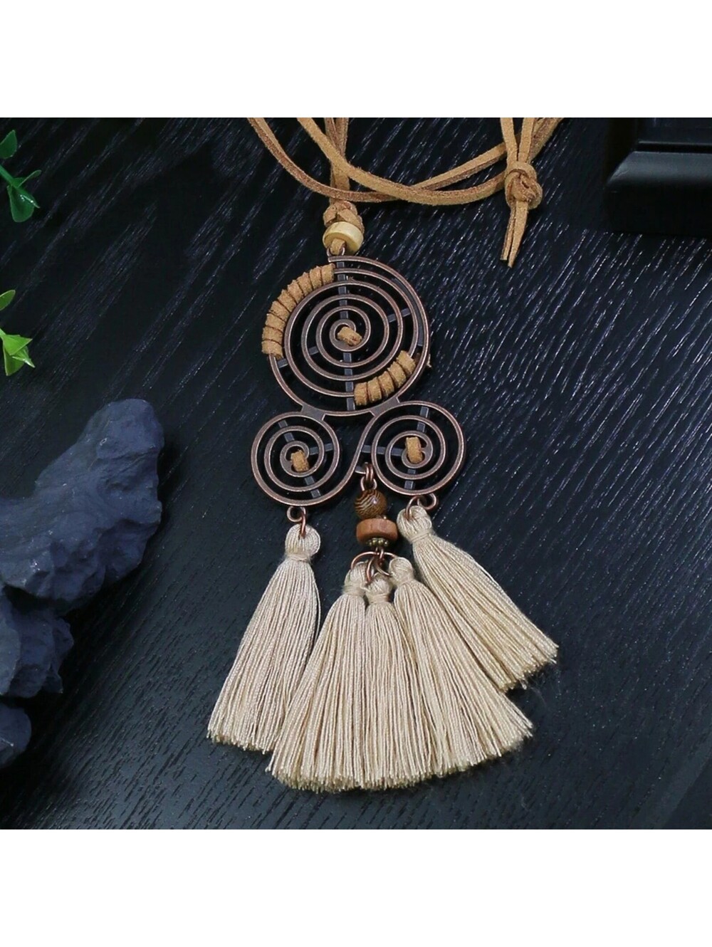 Rustic Antique Copper Swirl Pendant Tassels Vegan Suede Long Boho Necklace